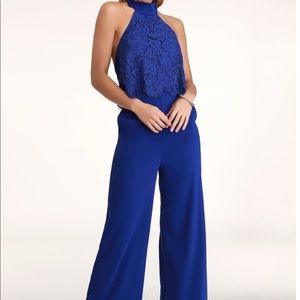 Xs Lulus Bethanie Royal Blue Lace Halter Jumpsuit